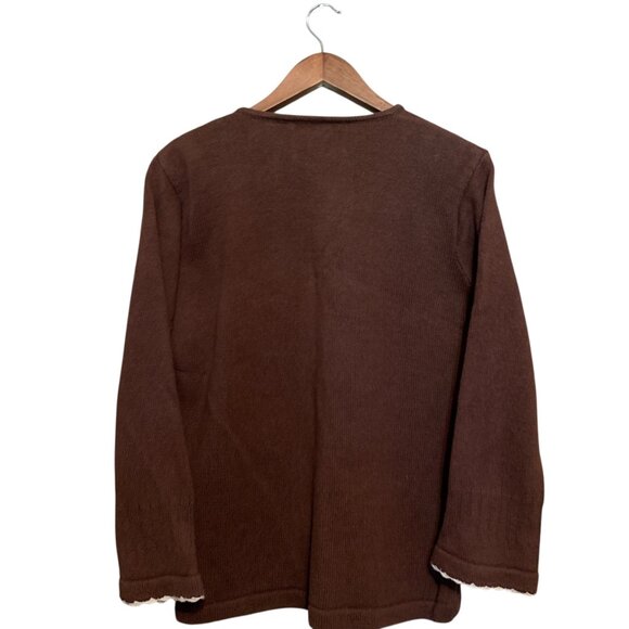 Brown Cardigan Lace Front Panels Rhinestone Zipper Pull Grannycore - Picture 2 of 10